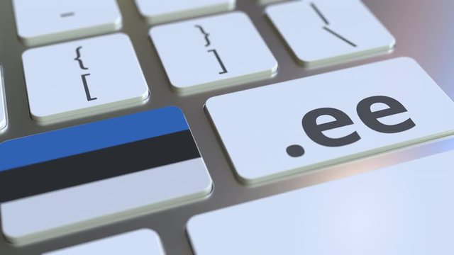 Estonian domain .ee and flag of Estonia on the buttons on the computer keyboard. National internet related 3D animation