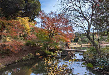 Fototapeta na wymiar Japanese stone bridge and autumn red maple on the pond of Rikugien Park in Bunkyo district, north of Tokyo.