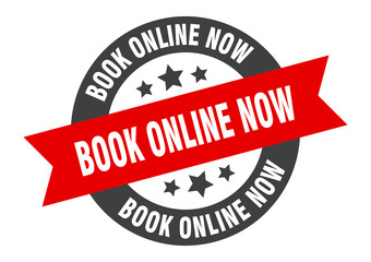 book online now sign. book online now black-red round ribbon sticker