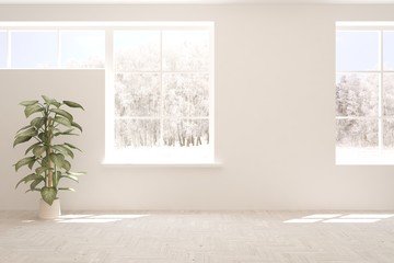 Fototapeta premium Mock up of empty room in white color with winter landscape in window. Scandinavian interior design. 3D illustration