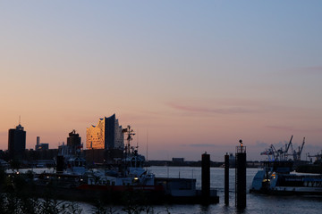 Hamburg Harbour and Elbphilharmony during sunrise 