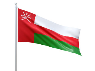Oman flag waving on white background, close up, isolated. 3D render