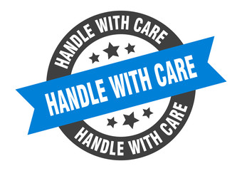 handle with care sign. handle with care blue-black round ribbon sticker