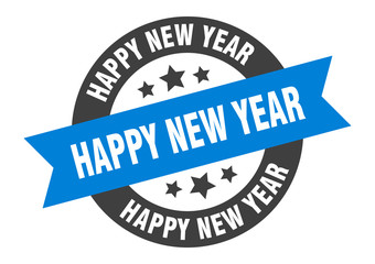 happy new year sign. happy new year blue-black round ribbon sticker