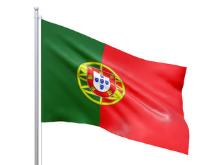 Portugal flag waving on white background, close up, isolated. 3D render