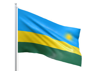 Rwanda flag waving on white background, close up, isolated. 3D render