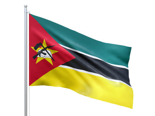 Mozambique flag waving on white background, close up, isolated. 3D render