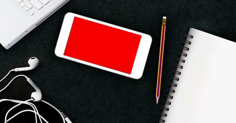 banner red screen smart phone and notebook, pencil on black background