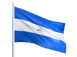 Nicaragua flag waving on white background, close up, isolated. 3D render