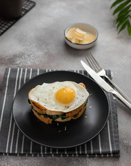 delicious breakfast sandwich with fried egg, spinach and cheese on a dark plate. close-up