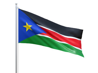 South Sudan flag waving on white background, close up, isolated. 3D render