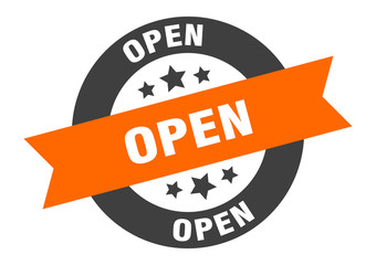 open sign. open orange-black round ribbon sticker
