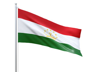 Tajikistan flag waving on white background, close up, isolated. 3D render