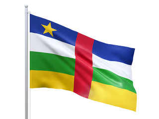 Central African Republic flag waving on white background, close up, isolated. 3D render