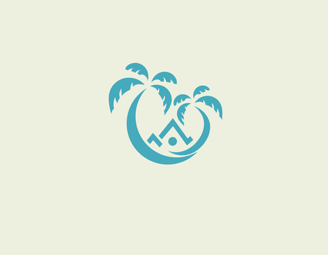 Creative bright logo two palm trees and bungalows on the island for a travel company