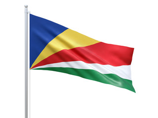 Fototapeta na wymiar Seychelles flag waving on white background, close up, isolated. 3D render