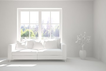 Naklejka na ściany i meble Mock up of stylish room in white color with sofa. Scandinavian interior design. 3D illustration