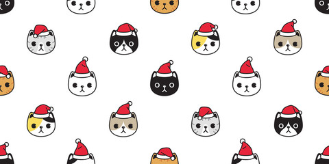 cat seamless pattern Christmas vector Santa Claus hat kitten head cartoon scarf isolated repeat wallpaper tile background illustration doodle design