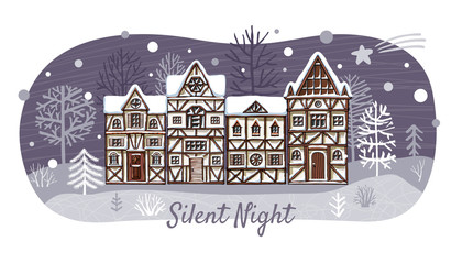 Christmas greeting card german houses building silent night lettering.Forest landscape snow snowflakes. Happy New Year Merry Christmas holiday. Cartoon stylel colors hand drawn vector illustration.