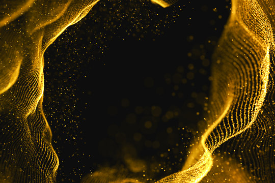 Abstract 3d Rendering Technology Plexus Gold Dynamic Digital Surface On Black Background,  Geometrical Shape With Gold Lines Particles Futuristic Background