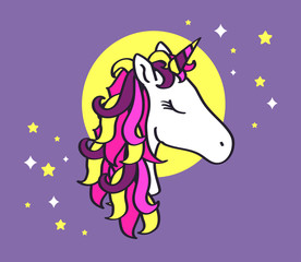 Beautiful unicorn on a background of the moon. Vector illustration. 