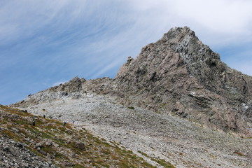 北アルプス　槍沢上部から槍ヶ岳の穂先を仰ぎ見る