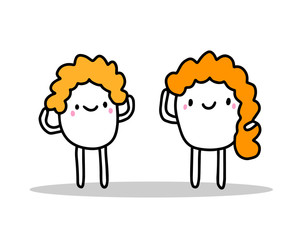 Two women long and short hair style hand drawn vector illustration in cartoon style