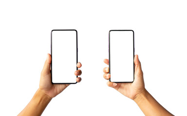 Holding a smartphone with a blank screen isolated on a white background with clipping paths.