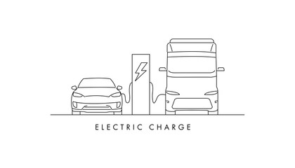 electric charge station with electric car and van charging from the station, linear illustration