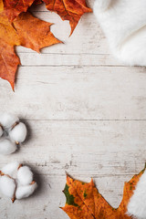 White fluffy sweater on a white background and maple autumn leaves. Autumn concept.