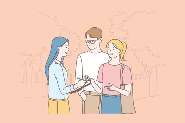 Researcher doing sociological survey, poll cartoon concept. Woman studying public opinion, communicating with young couple in park, writing citizens answers in questionnaire. Simple flat vector