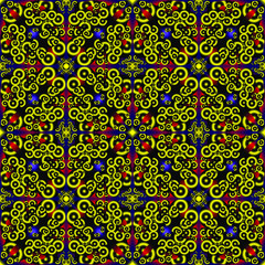 Seamless endless repeating multicolored bright ornament of different colors on combined background