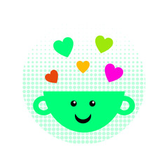 Coffee mug with smile and hearts vector. Morning coffee vector illustration. Tea cup with smile and hearts.
