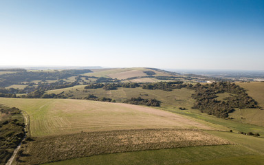 The South Downs, East Sussex, England. An aerial view of the AONB (Area of Outstanding Natural Beauty) near Eastbourne on the south coast of England.