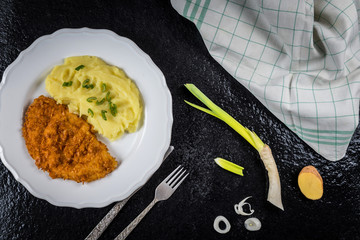 Chicken steak or schnitzel with mashed potatoes