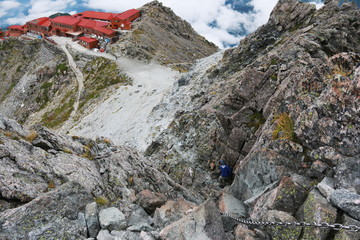 北アルプス　槍ヶ岳山頂への道　穂先の登り　槍ヶ岳山荘を見下ろす