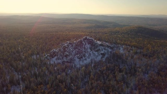 Taganay Mountain Ridge Peak Covered with Snow. Winter in Taganay National Park in the Urals, Russia. Aerial View
