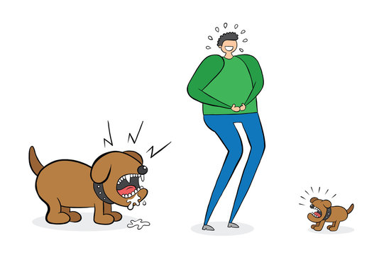 Man Laughing Small Dog But He Doesn't See The Big Dog Behind Him. You'il Be Crying In Fear. Vector Illustration.