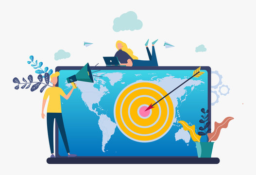 A man watches ads on a laptop. New advertising technologies focused on the concept of Internet marketing. Colorful vector illustration.