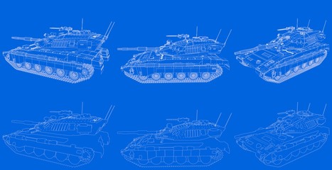 schema of outlined isolated 3D miltary tank with not real design, very high resolution victory concept - military 3D Illustration