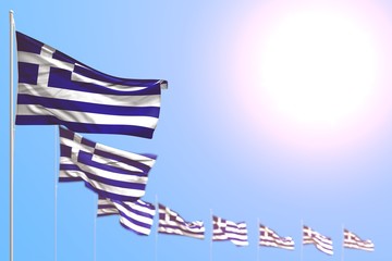wonderful anthem day flag 3d illustration. - many Greece flags placed diagonal with selective focus and empty place for your content