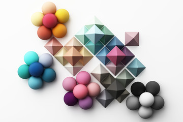 Set of colorful red,purple,blue,grey realistic geometric shape with fabric texture on white background. 3d rendering
