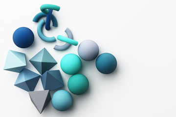 Set of colorful blue realistic geometric shape with fabric texture on white background. 3d rendering