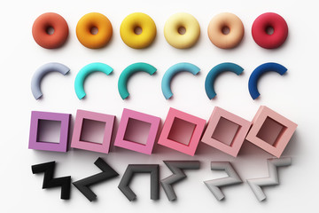 Set of colorful red,purple,pink,grey realistic geometric shape with fabric texture on white background. 3d rendering