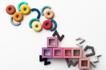 Set of colorful red,purple,pink,grey realistic geometric shape with fabric texture on white background. 3d rendering