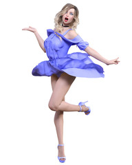 Beautiful blonde woman in light summer waving dress.