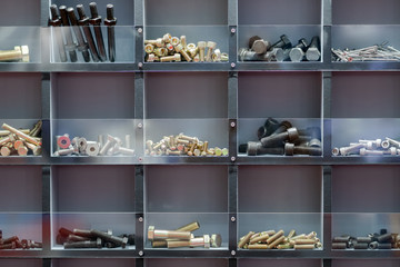 Many scattered of tapping screws bolts made from steel for construction building and factory structure