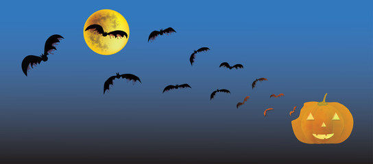 Halloween bats flying from scary pumpkin face to the Moon in dark blue sky background banner, comic style, vector illustration.