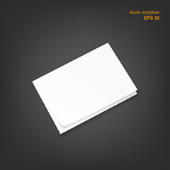 Vector illustration of twofold paper sheet with curved corner and shadow. Empty booklet on grey background. Blank can be used as a mock up, template and backgrounds for your own projects.