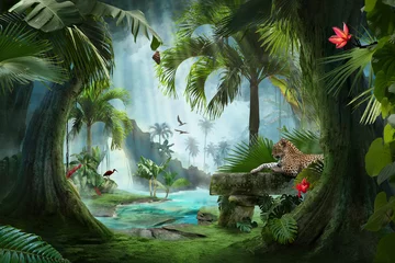 Fototapete schöner Dschungelstrand-Lagunenblick mit Jaguar, Palmen und tropischen Blättern, kann als Hintergrund verwendet werden © Kanea
